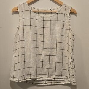 notPERFECTLINEN Women's White & Black Windowpane Sleeveless Top 100% linen